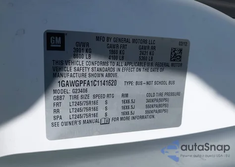 2012 Chevrolet Express 2500 Ls from USA, damaged, VIN 1GAWGPFA1C1141620